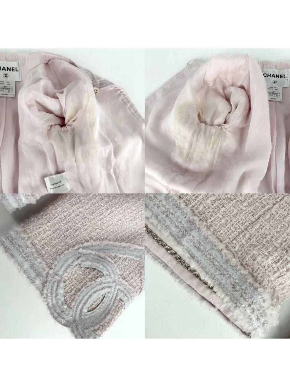 Chanel Set Tweed Collarless Jacket Skirt CC Logo 38 Pink Wool Spring Autumn